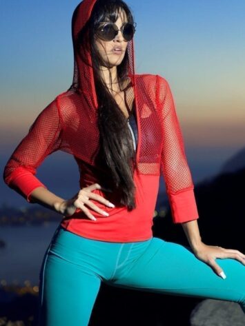 DYNAMITE BRAZIL Long Sleeve Top Net Hooded Blusa BL2015 Red-Sexy Tops