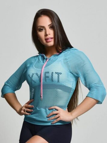 OXYFIT 3/4 Sleeve Mesh Hoody Top 46404 Fresh Blue- Sexy Workout Tops