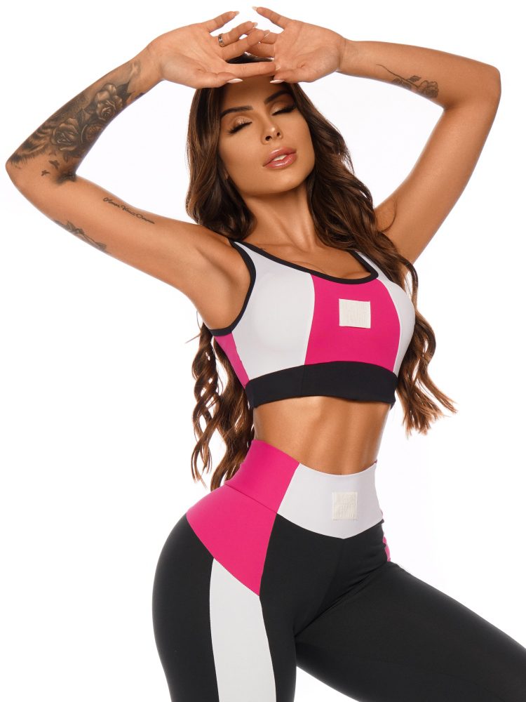 Lets Gym Fitness Racer Sports Bra Top – Black/Pink/White